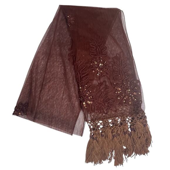 Vintage Rust Lace Mesh Scarf Embroidered Crochet Sequins FairyGrunge Whimsical - Picture 1 of 15